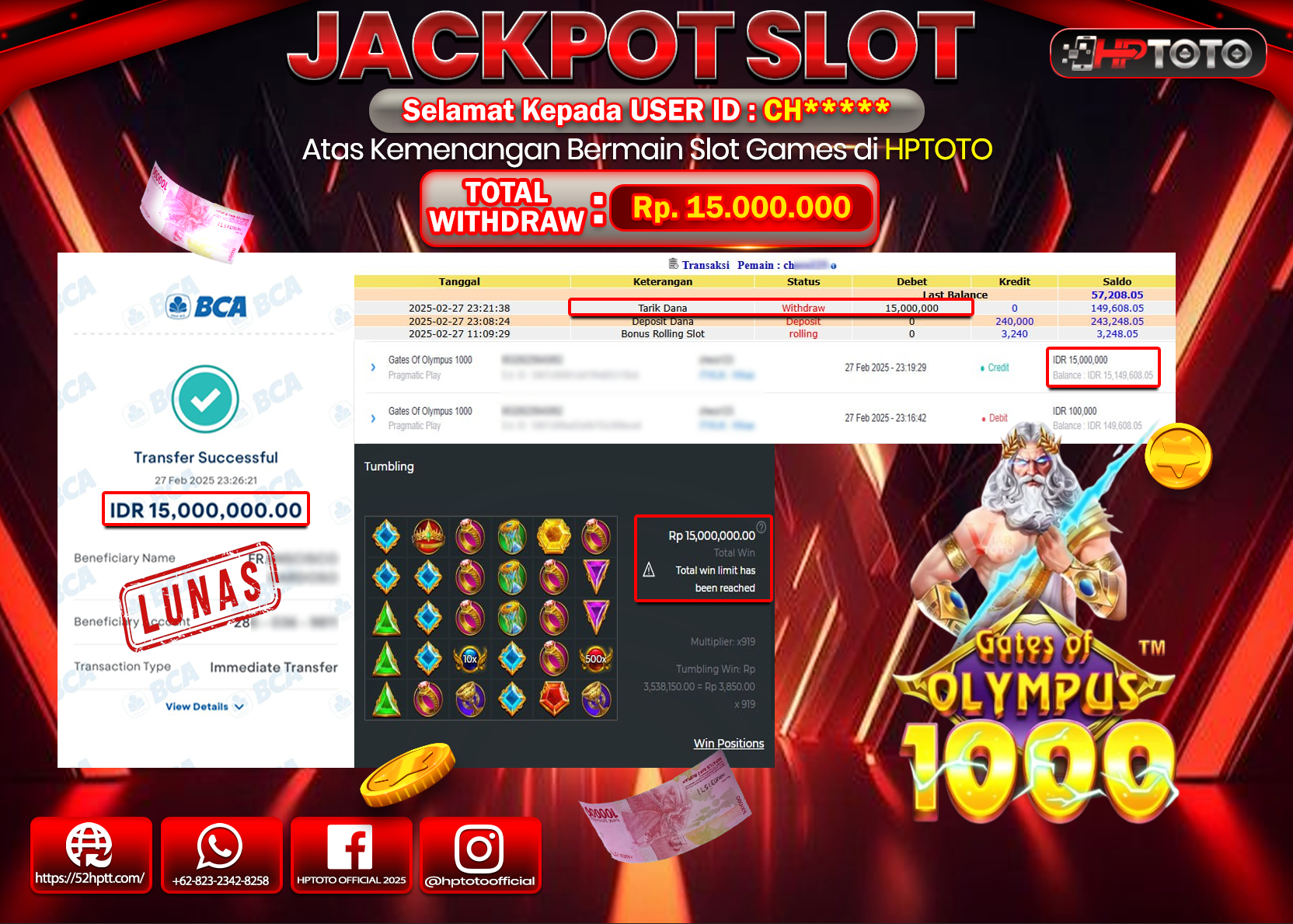 HPTOTO JACKPOT SLOT GATES OF OLYMPUS 1000 Rp.15.000.000,- LUNAS