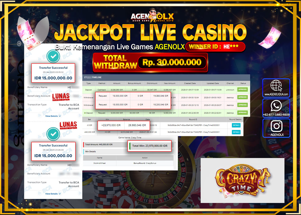 AGENOLX JACKPOT LIVE CASINO CRAZY TIME Rp 30.000.000,- LUNAS