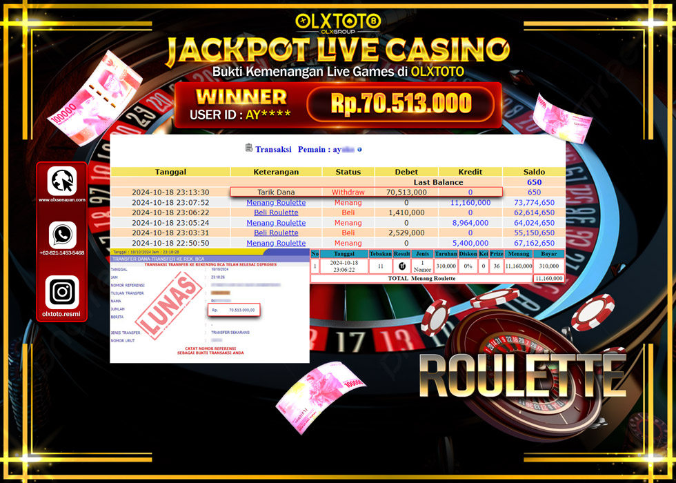OLXTOTO JACKPOT  LIVE GAMES ROULETTE  Rp.70.513.000.,- LUNAS