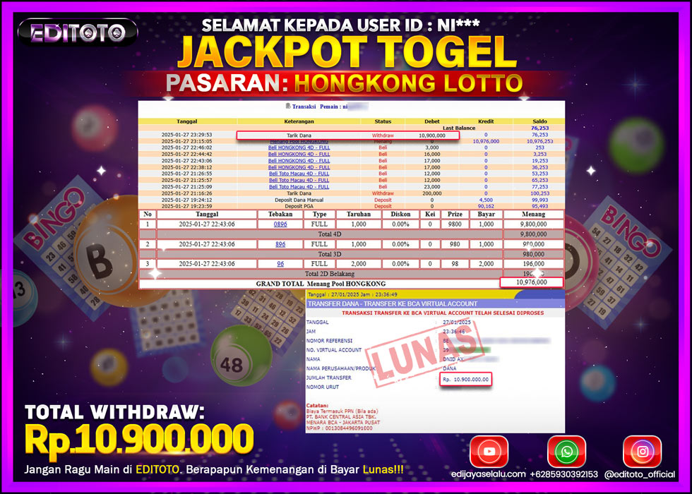 JACKPOT TOGEL PASARAN HONGKONG LOTTO Rp.10.900.000.,- LUNAS