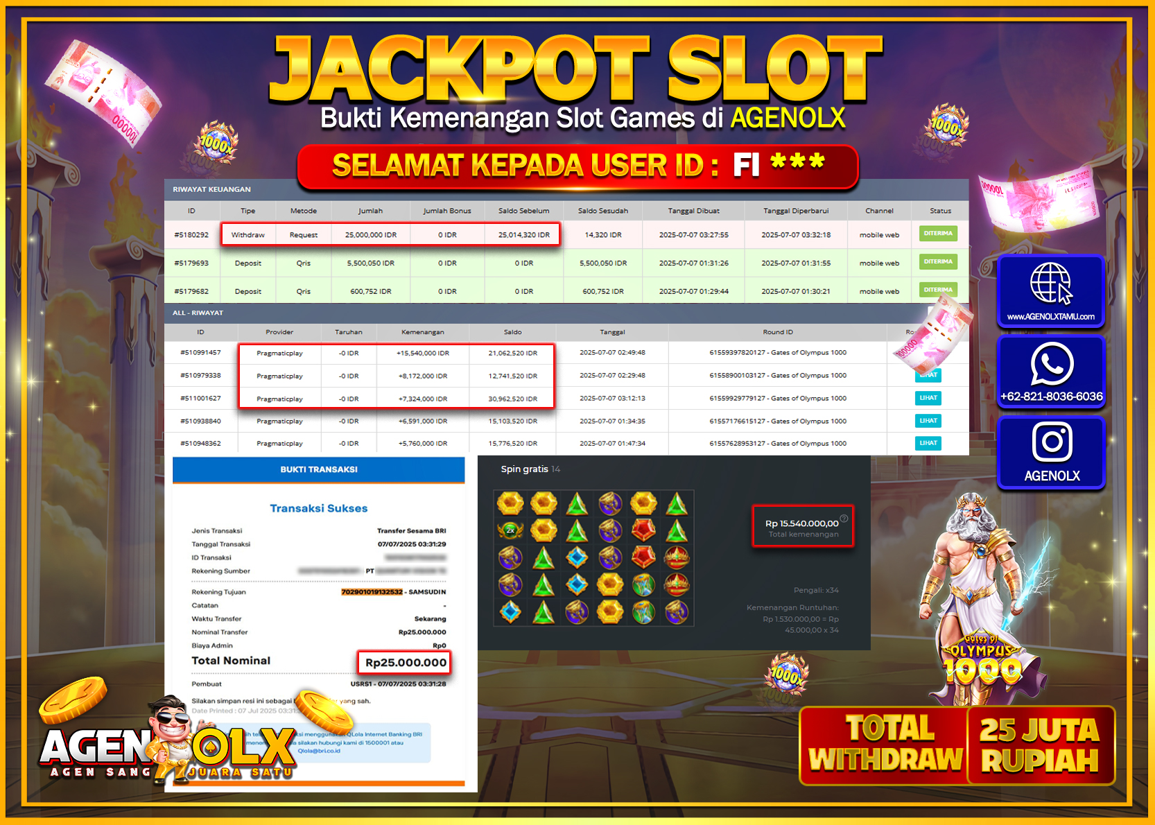AGENOLX JACKPOT  SLOT GATES OF OLYMPUS 1000 Rp 25.000.000,- LUNAS
