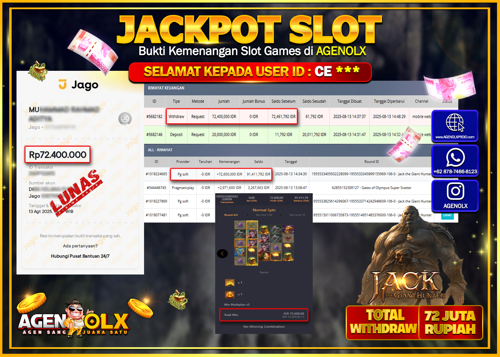 AGENOLX JACKPOT SLOT JACK THE GIANT HUNTER  Rp 72,400,000,- LUNAS