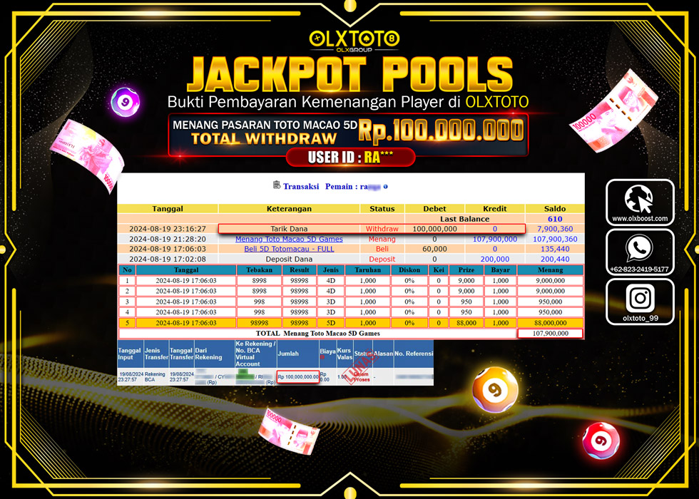 OLXTOTO JACKPOT  TOGEL POOL TOTO MACAO 5D Rp.100.000.000.,- LUNAS
