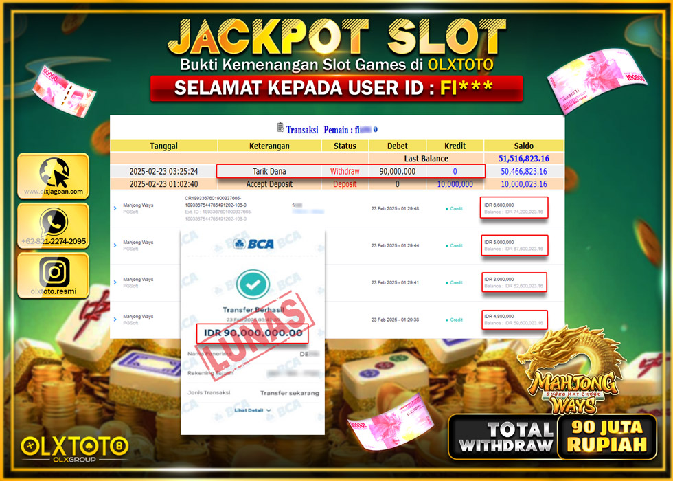 OLXTOTO JACKPOT SLOT MAHYONG WAYS Rp.90.00.000.,- LUNAS