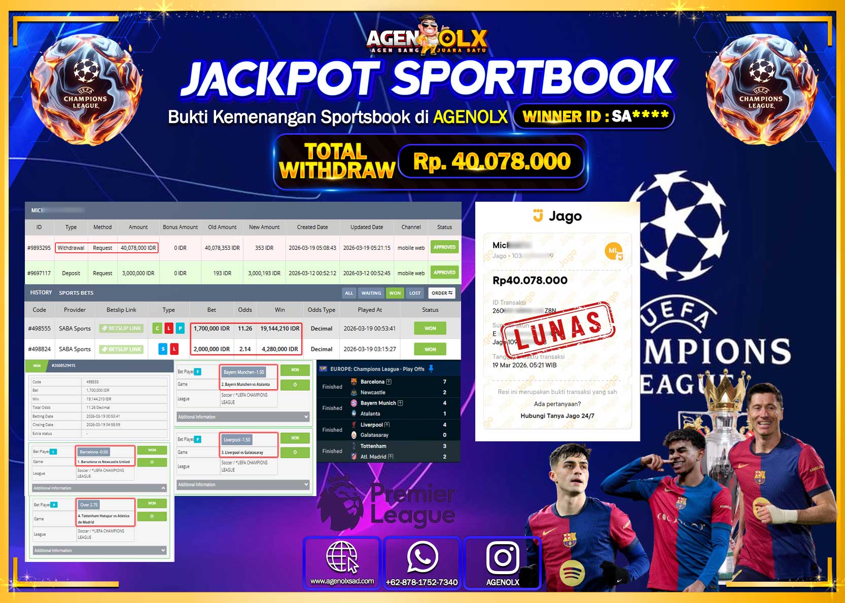 AGENOLX JACKPOT SABA SPORTS Rp 40.078.000 - LUNAS
