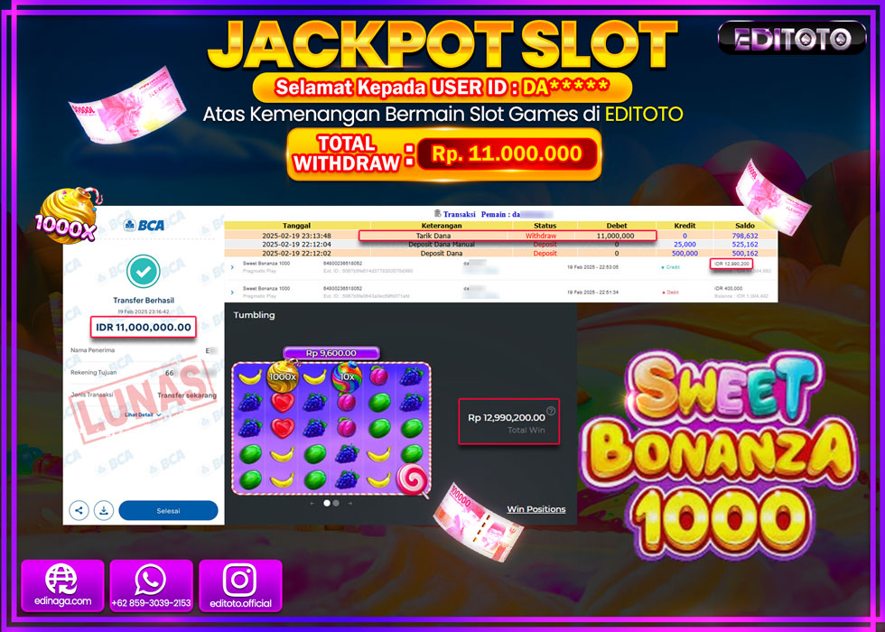 JACKPOT SLOT SWEET BONANZA 1000  Rp.11.000.000.,- LUNAS