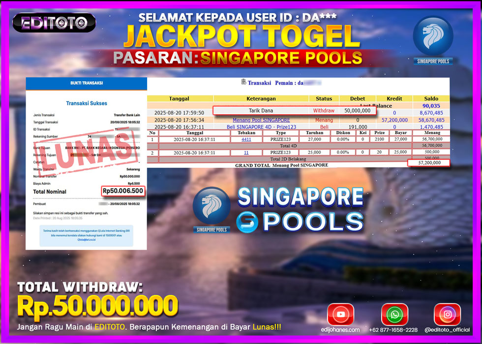 JACKPOT EDITOTO TOGEL PASARAN SINGAPORE POOLS Rp.50.000.000.,- LUNAS