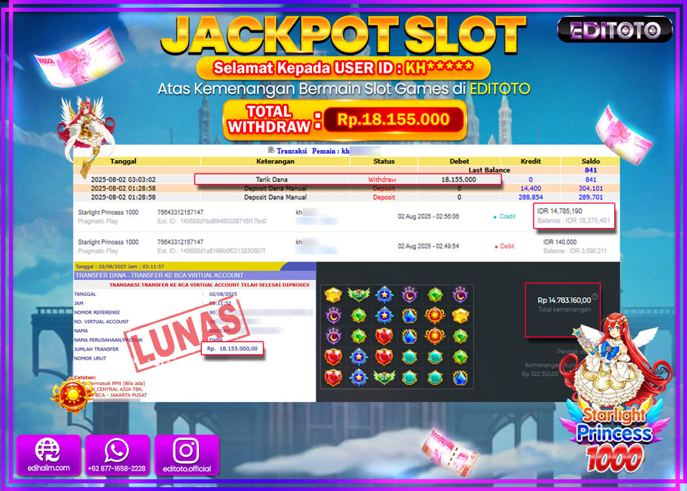 JACKPOT EDITOTO SLOT STARLIGHT PRINCESS 1000 Rp.18.155.000,- LUNAS 