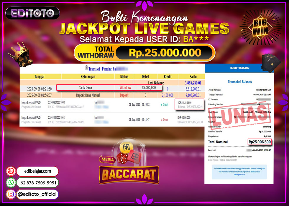 JACKPOT EDITOTO LIVE GAMES MEGA BACCARAT2 Rp. 25.000.000.,- LUNAS