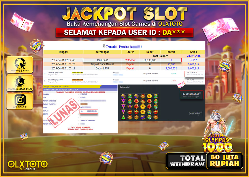 OLXTOTO JACKPOT SLOT GATES OF OLYMPUS 1000  Rp.60.200.000.,- LUNAS
