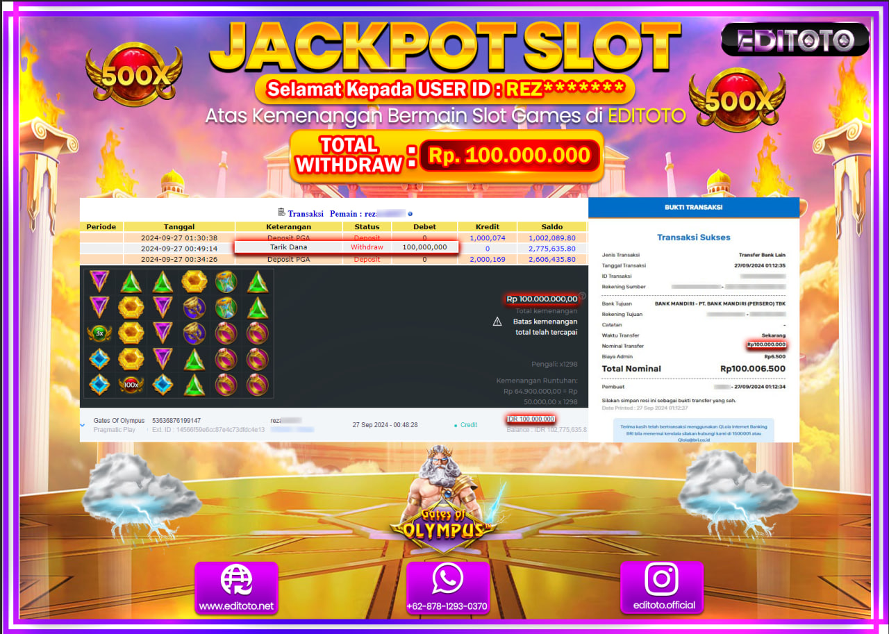 JACKPOT SLOT GATES OF OLYMPUS  Rp.100.000.000.,- LUNAS