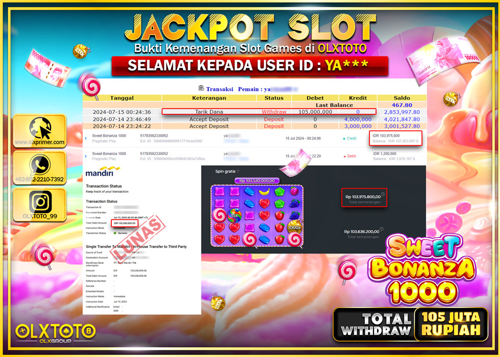 OLXTOTO JACKPOT  SLOT SWEET BONANZA 1000 Rp.105.000.000.,- LUNAS
