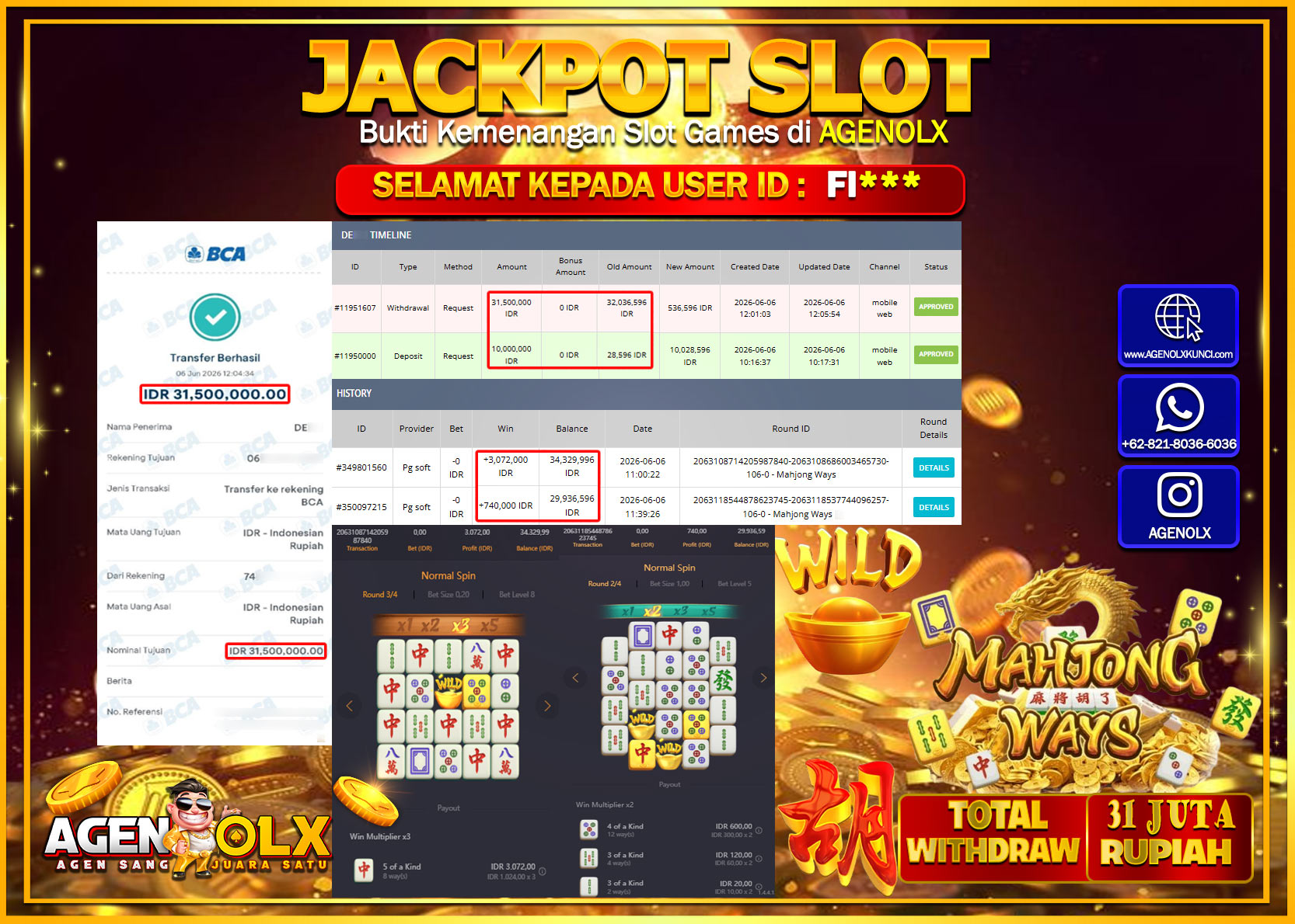 AGENOLX JACKPOT SLOT MAHJONG WAYS  Rp31.500.000- LUNAS