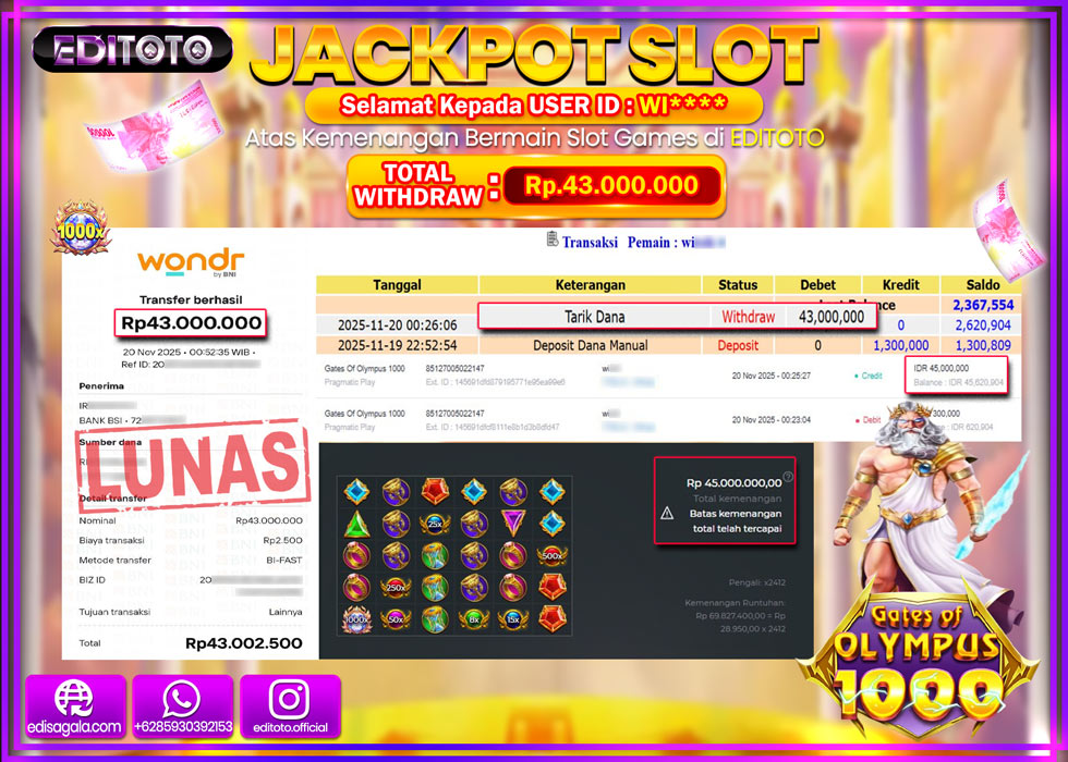 JACKPOT EDITOTO SLOT GATES OF OLYMPUS 1000  Rp.43.000.000,- LUNAS  