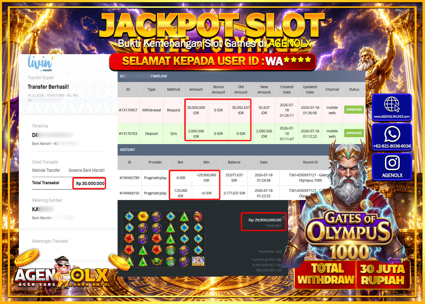 AGENOLX JACKPOT SLOT GATES OF OLYMPUS 1000 Rp  30.000.000 -LUNAS
