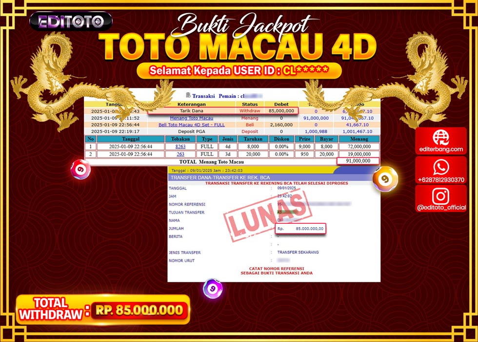 JACKPOT TOGEL PASARAN TOTOMACAU 4D Rp.85.000.000.,- LUNAS