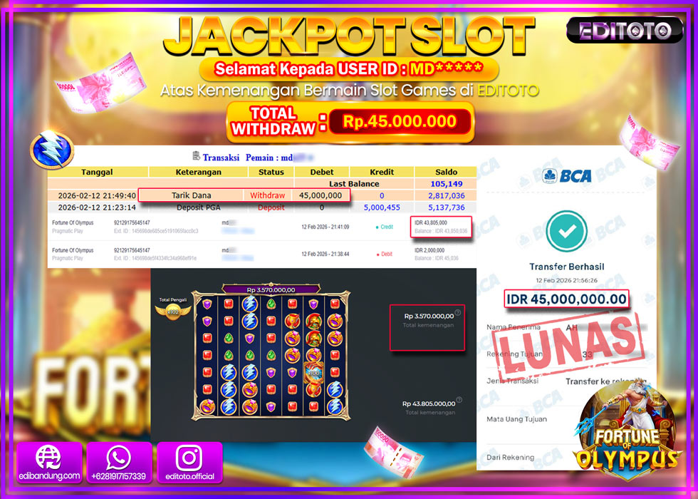 JACKPOT EDITOTO SLOT FORTUNE OF OLYMPUS Rp.45.000.000,- LUNAS