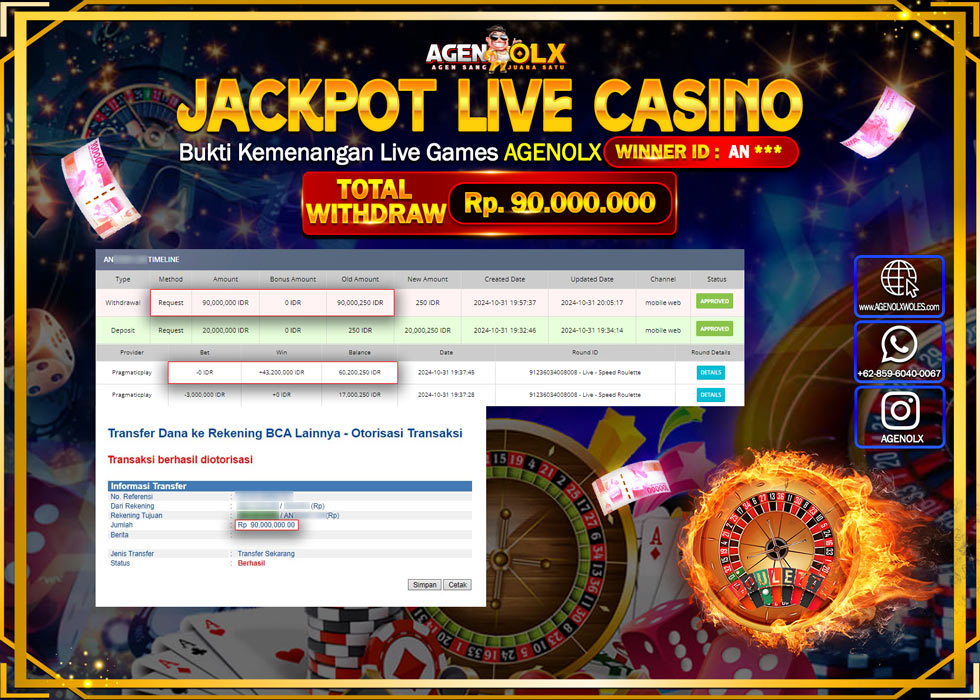 AGENOLX JACKPOT  LIVE CASINO ROULETTE  Rp 90.000.000,- LUNAS