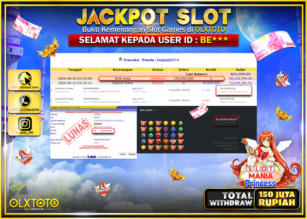 OLXTOTO JACKPOT  SLOT MANIA PRINCESS Rp.150.000.000.,- LUNAS