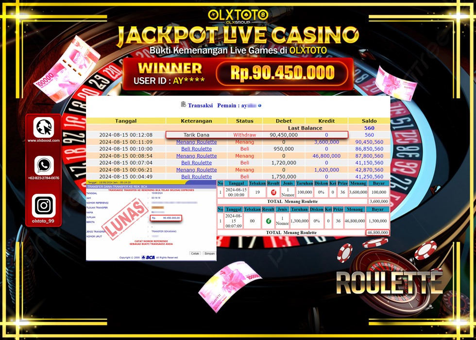 OLXTOTO JACKPOT  LIVE GAMES ROULETTE Rp.90.450.000.,- LUNAS