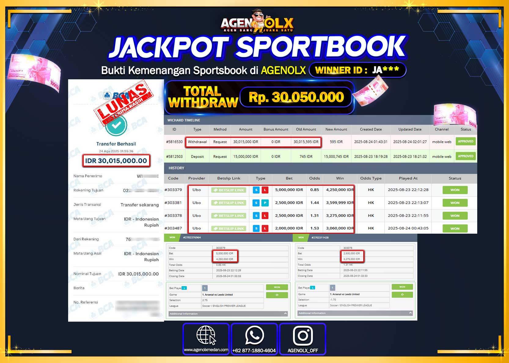 AGENOLX JACKPOT SPORTBOOK  Rp 30,050,000,- LUNAS