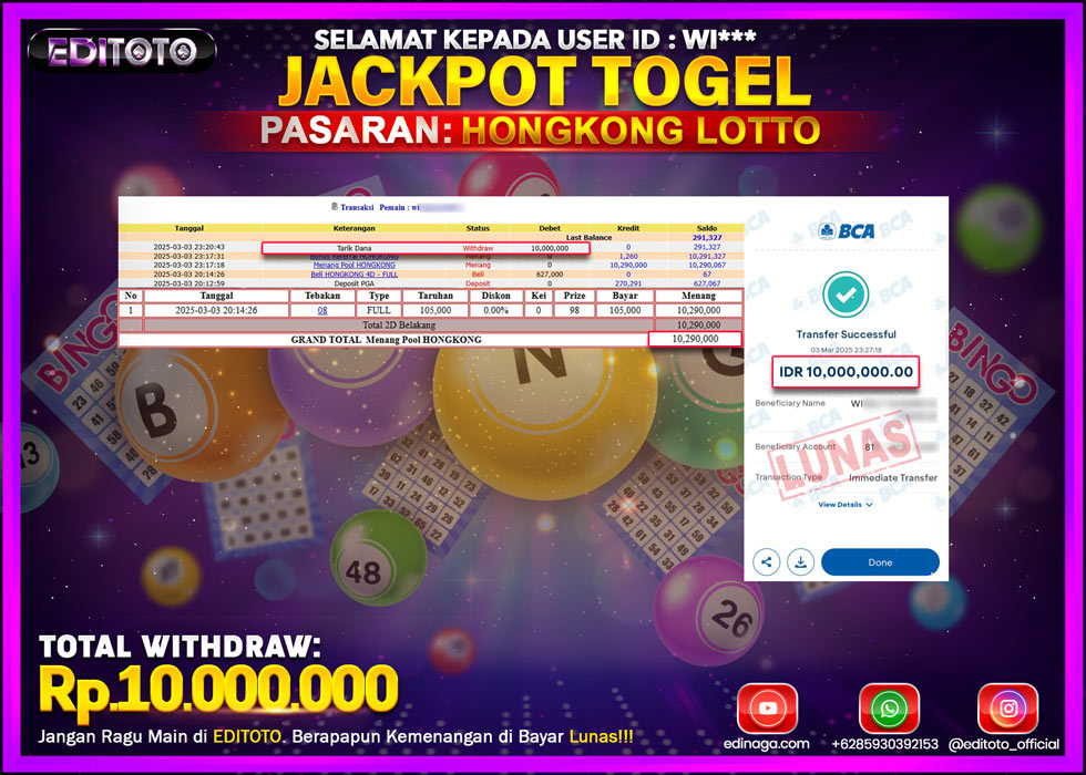JACKPOT TOGEL PASARAN HONGKONG LOTTO Rp.10.000.000.,- LUNAS