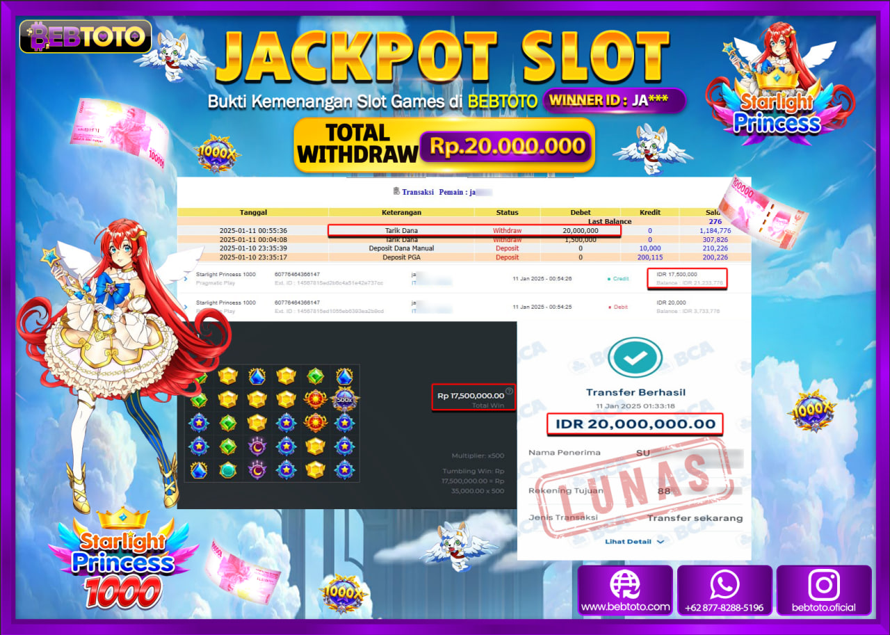 JACKPOT SLOT BEBTOTO STARLIGHT PRINCESS 1000 Rp.20.000.000.,- LUNAS