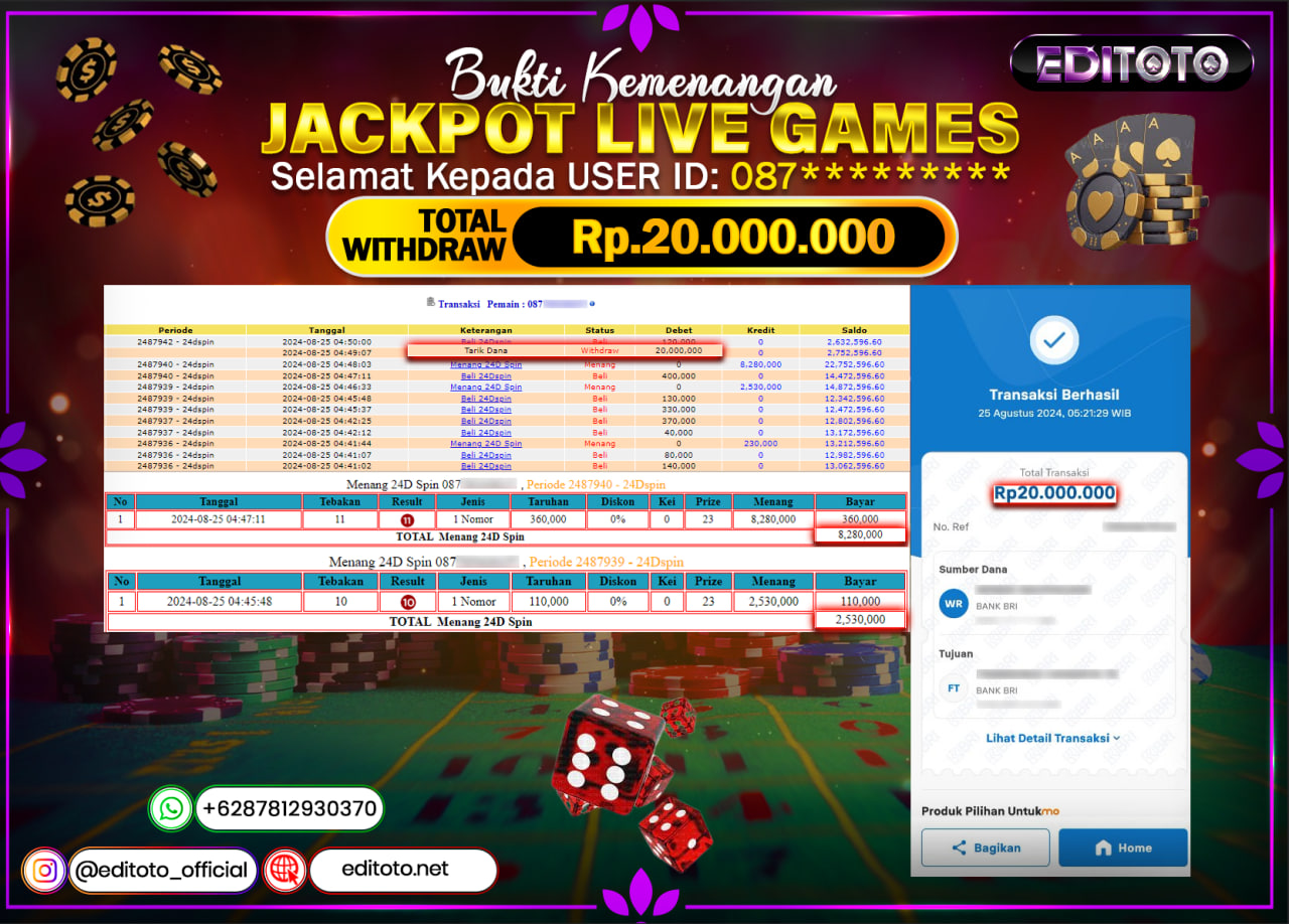 JACKPOT LIVE GAME 24D SPIN Rp.20.000.000.,- LUNAS