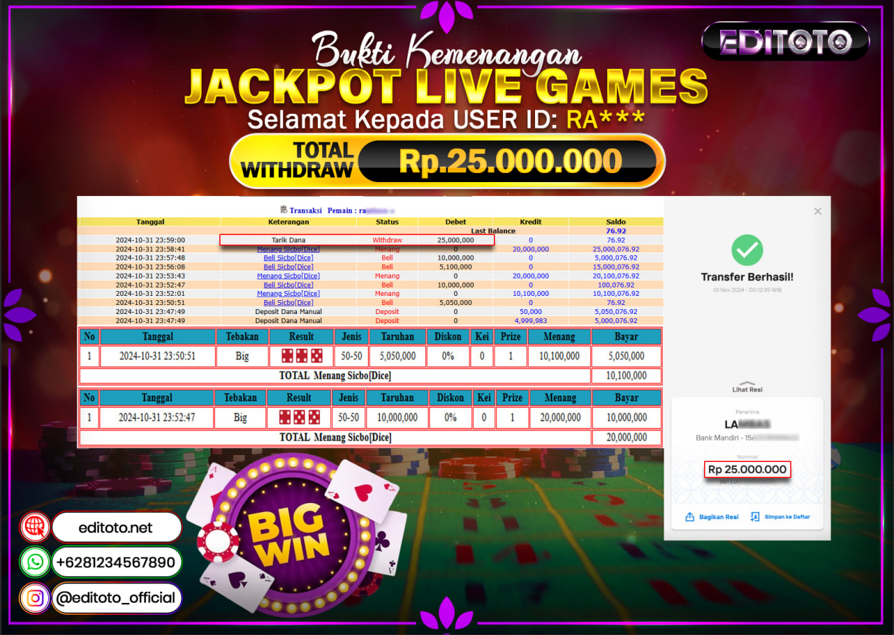 JACKPOT LIVE GAME SICBO DICE Rp.25.000.000.,- LUNAS