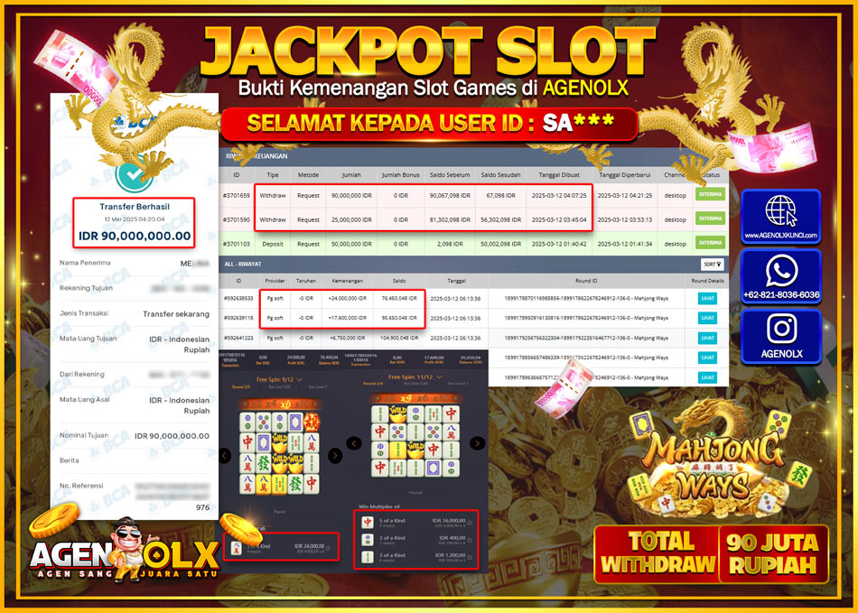 AGENOLX JACKPOT  SLOT MAHJONG WAYS Rp 90.000.000,- LUNAS