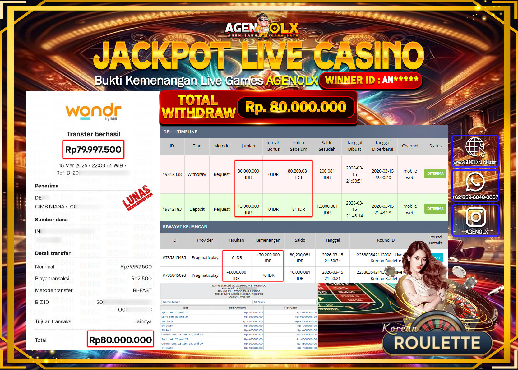 AGENOLX JACKPOT LIVE CASINO MANIA KOREAN ROULETTE Rp 80.000.000 - LUNAS