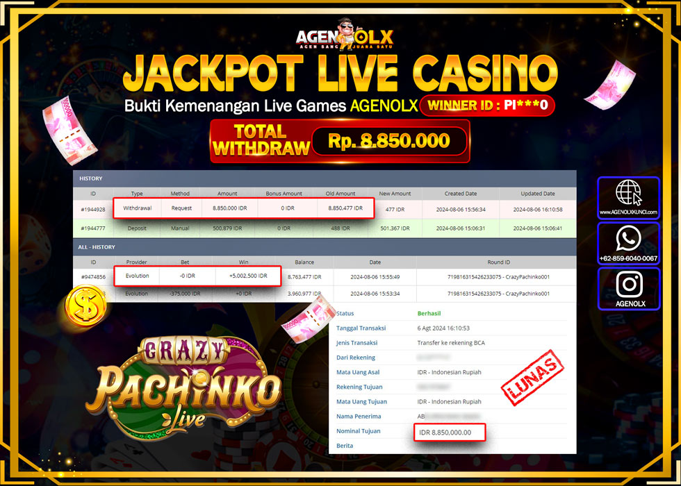 AGENOLX JACKPOT LIVE CASINO CRAZY PACHINKO LIVE  Rp.8.850.000,- LUNAS