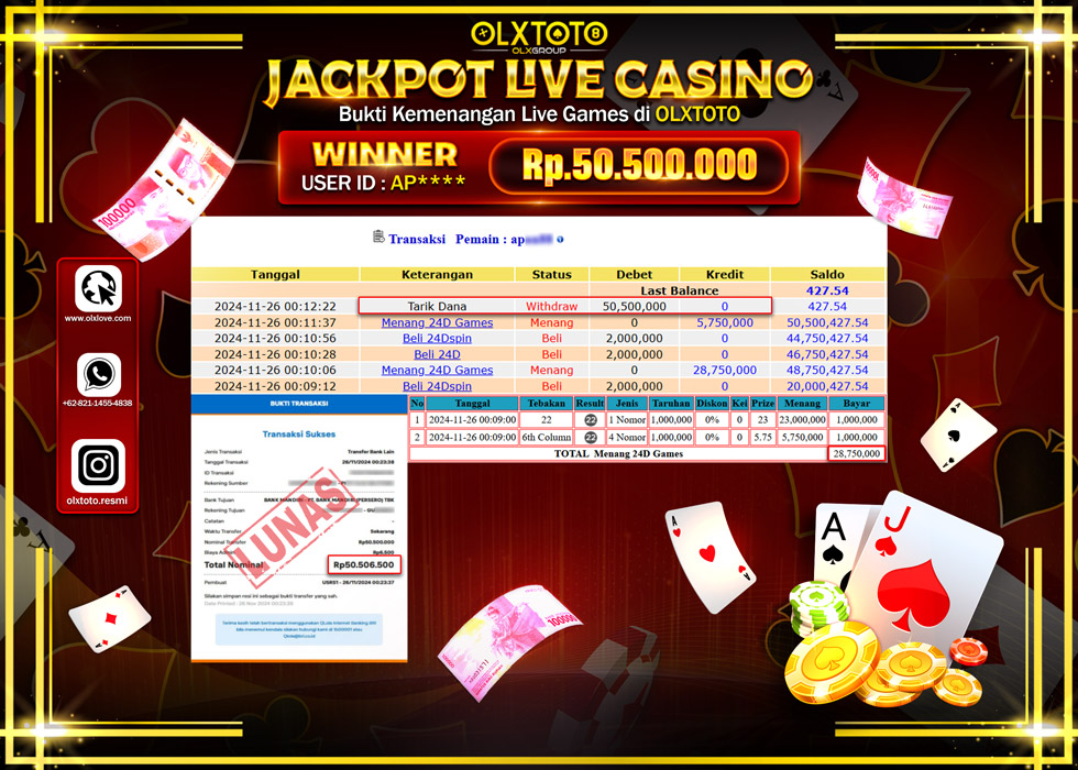 OLXTOTO JACKPOT  LIVE GAMES 24DSPIN Rp.50.500.000.,- LUNAS