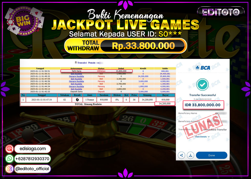 JACKPOT LIVE GAMES ROULETTE Rp.33.800.000.,- LUNAS
