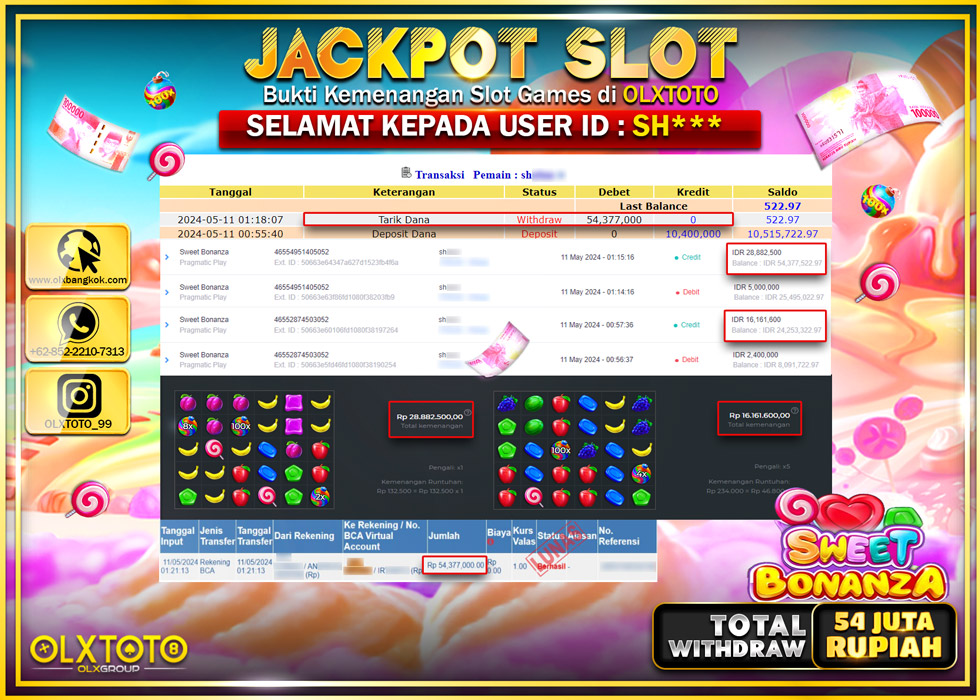 OLXTOTO JACKPOT SLOT SWEET BONANZA Rp.54.377.000.,- LUNAS