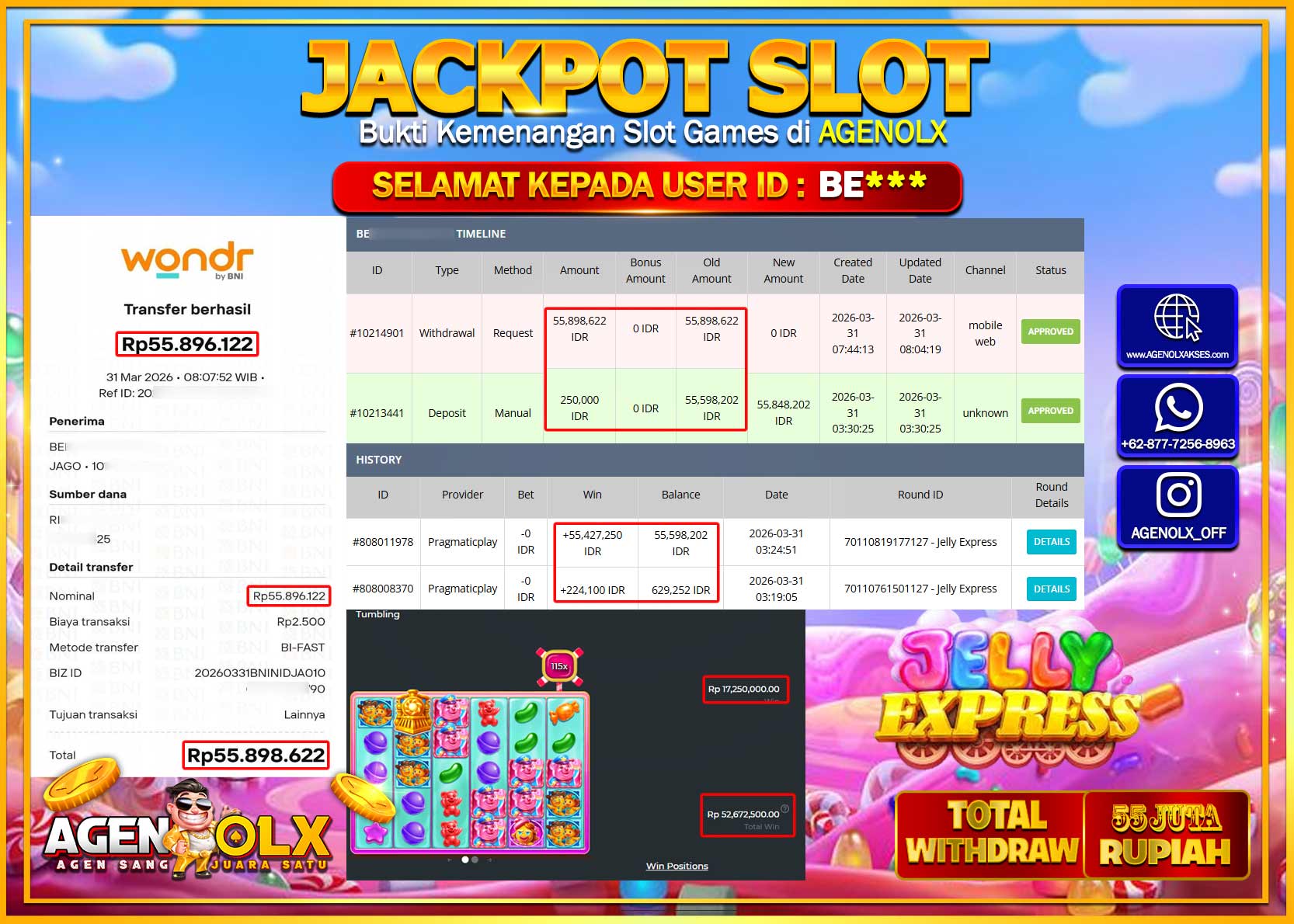 AGENOLX JACKPOT SLOT JELLY EXPRESS  Rp 55.898.622 - LUNAS