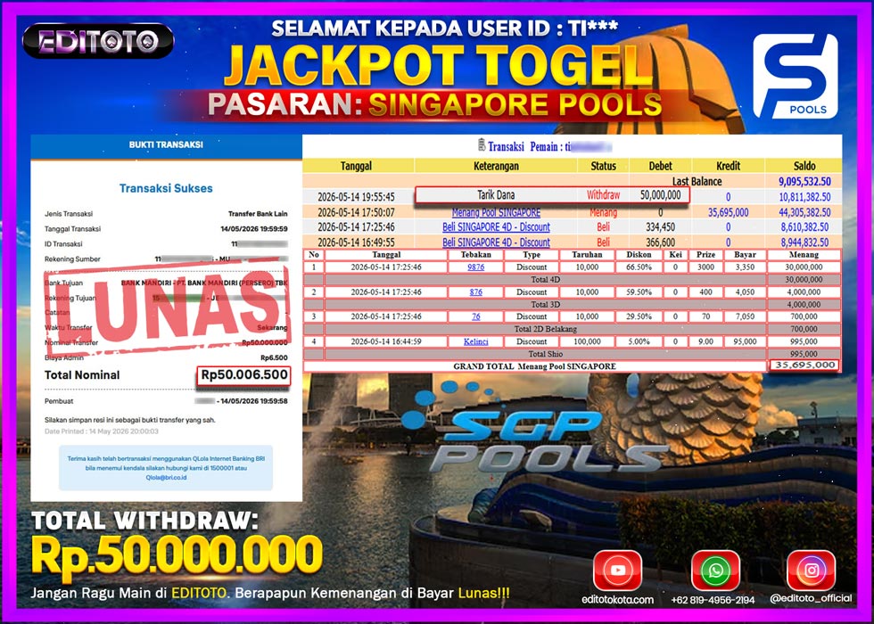 JACKPOT EDITOTO TOGEL PASARAN SINGAPORE POOLS  Rp.50.000.000.,- LUNAS
