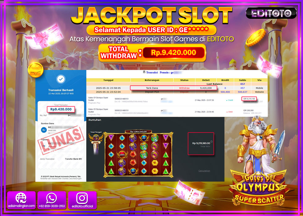 JACKPOT EDITOTO SLOT GATES OF OLYMPUS SUPER SCATTER Rp.9.420.000,- LUNAS