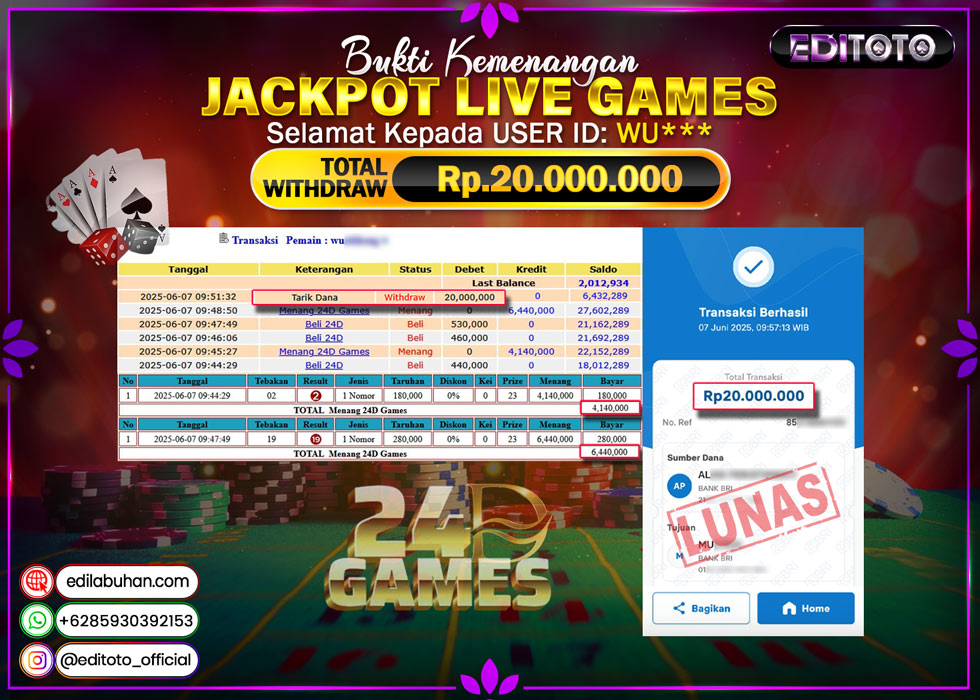 JACKPOT EDITOTO LIVE GAMES 24D GAMES Rp. 20.000.000.,- LUNAS