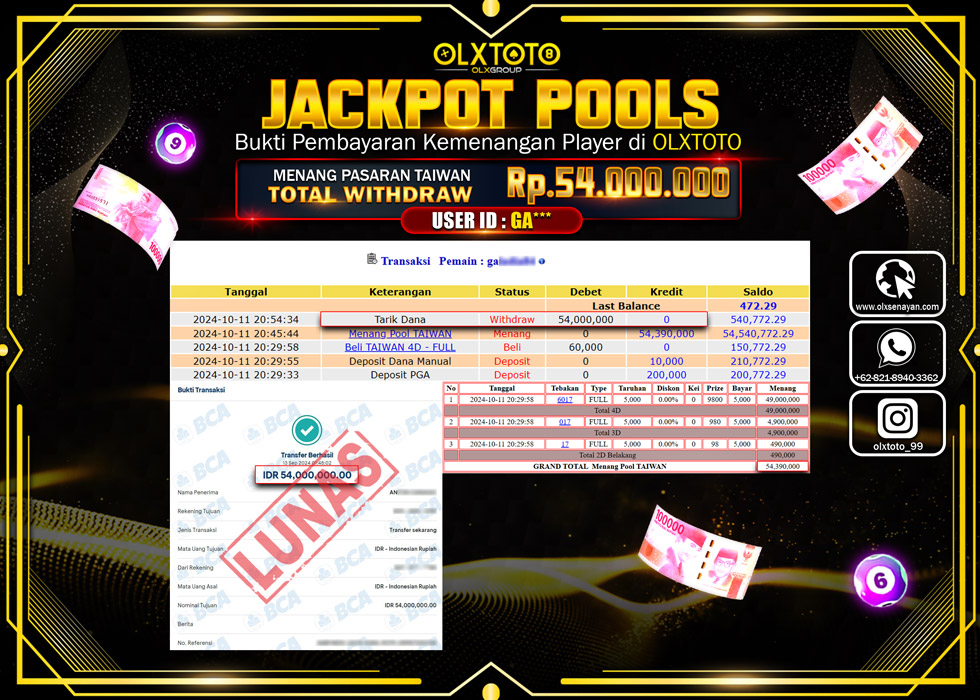 OLXTOTO JACKPOT  TOGEL POOL TAIWAN Rp.54.000.000.,- LUNAS