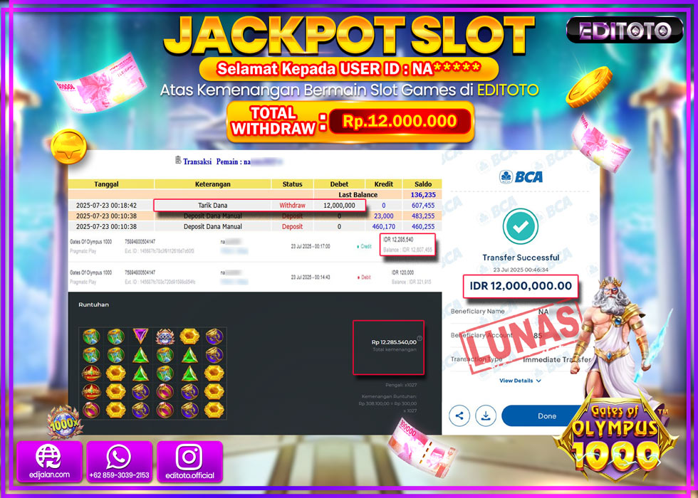JACKPOT EDITOTO SLOT GATES OF OLYMPUS 1000 Rp.12.000.000,- LUNAS 