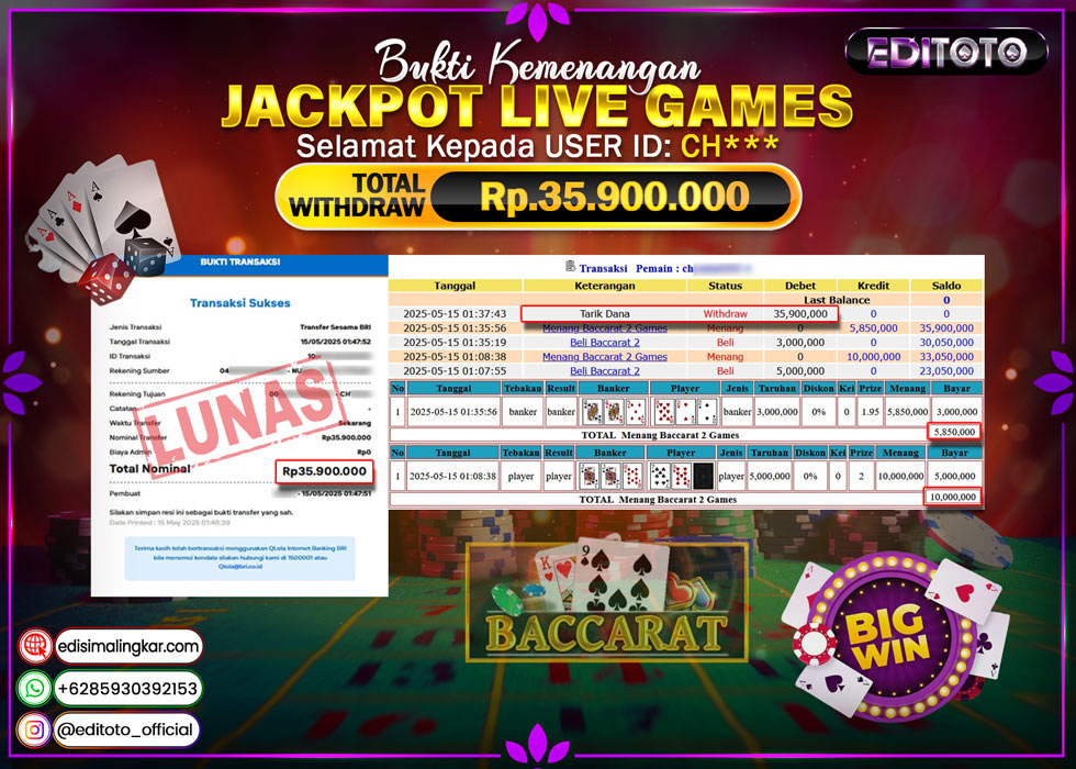 JACKPOT EDITOTO LIVE GAME BACCARAT 2  Rp.35.900.000.,- LUNAS