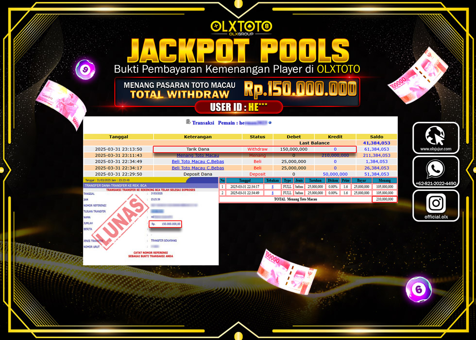 OLXTOTO JACKPOT TOGEL PASARAN POOL TOTO MACAU Rp.150.000.000.,- LUNAS