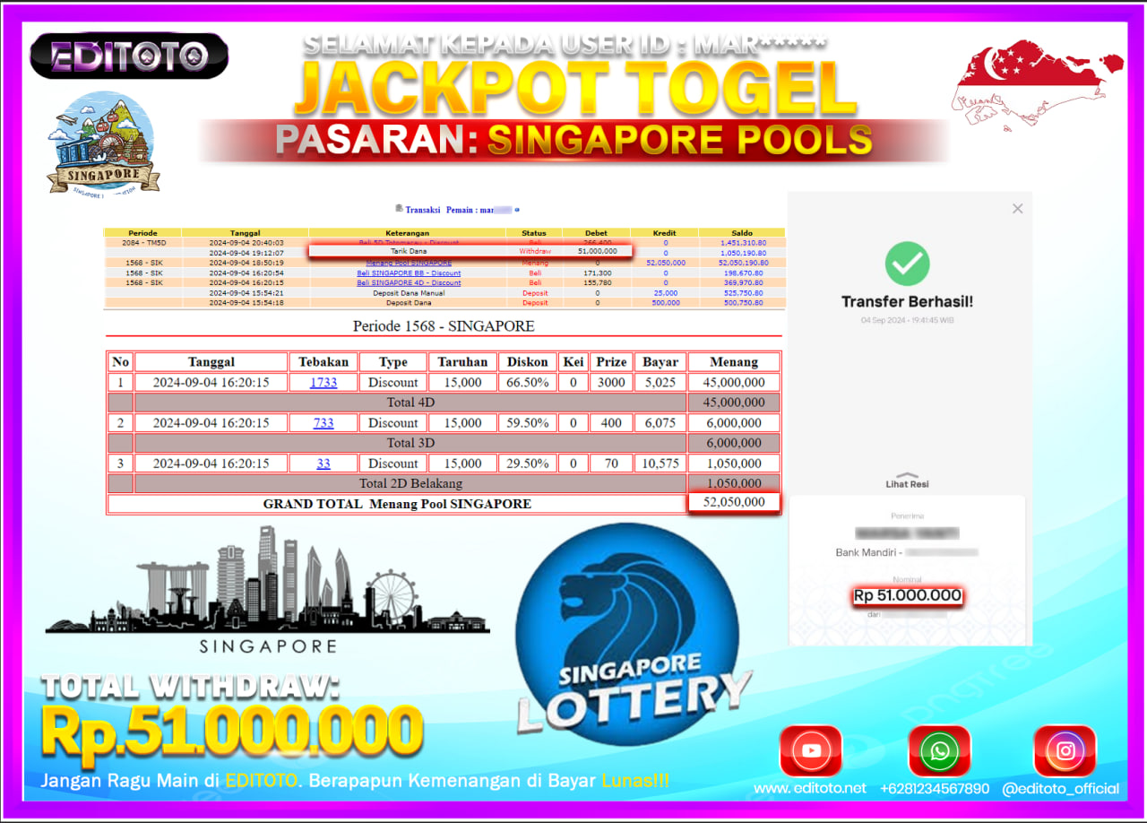 JACKPOT TOGEL PASARAN SINGAPORE Rp.51.000.000.,- LUNAS