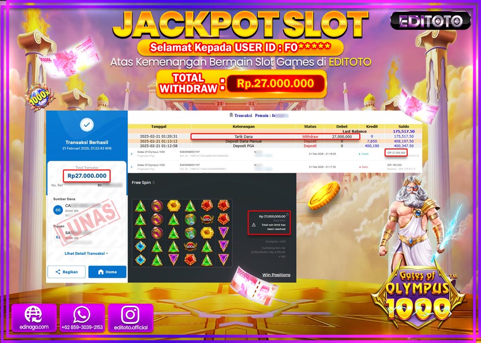 JACKPOT SLOT GATES OF OLYMPUS 1000  Rp.27.000.000.,- LUNAS