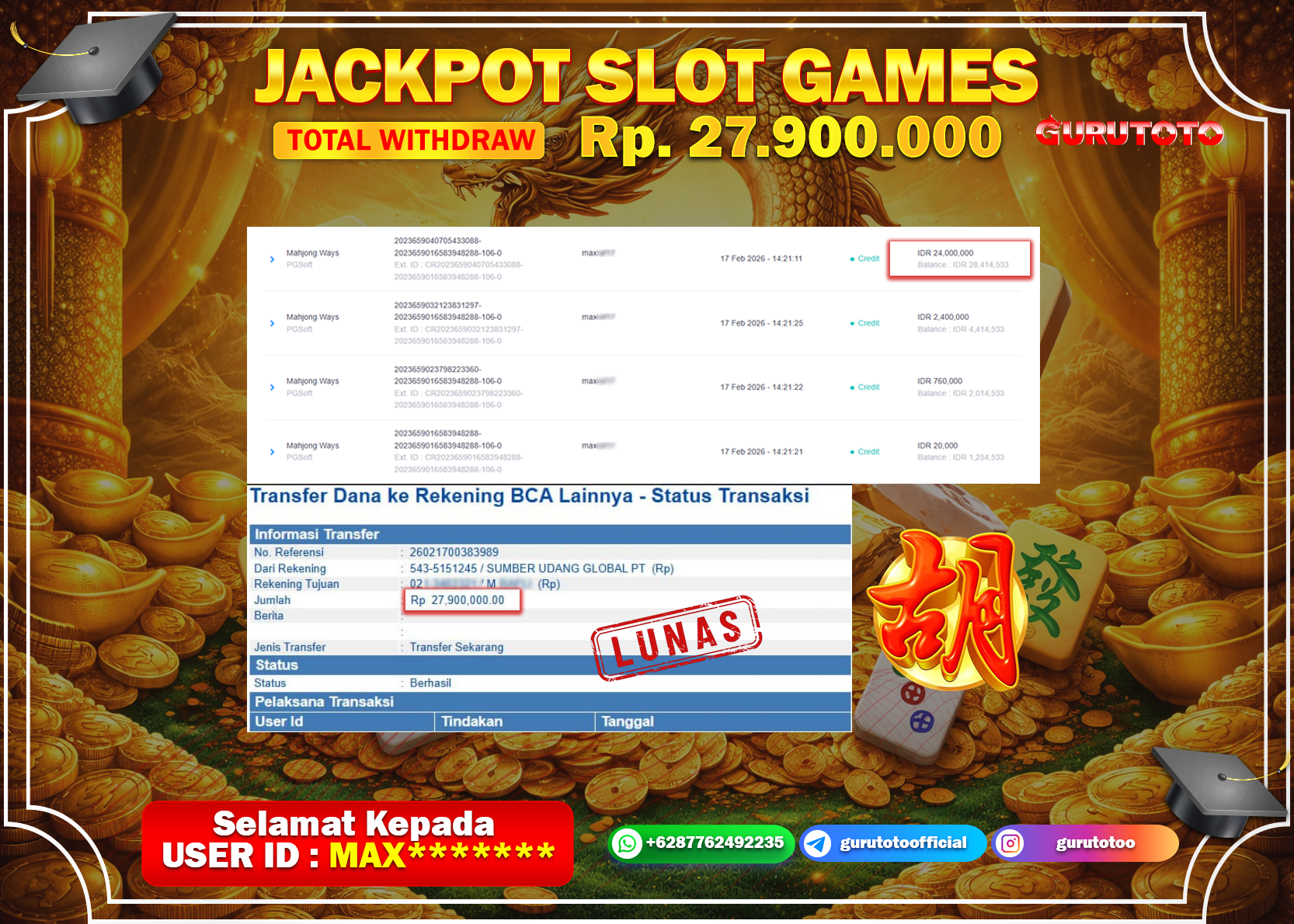 Bukti Kemenangan Rp 27.900.000 MAHJONG WAYS di GURUTOTO !