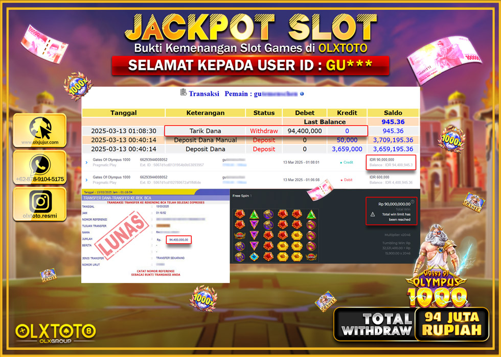 OLXTOTO JACKPOT GATES OF OLYMPUS 1000 Rp.94.400.000.,- LUNAS