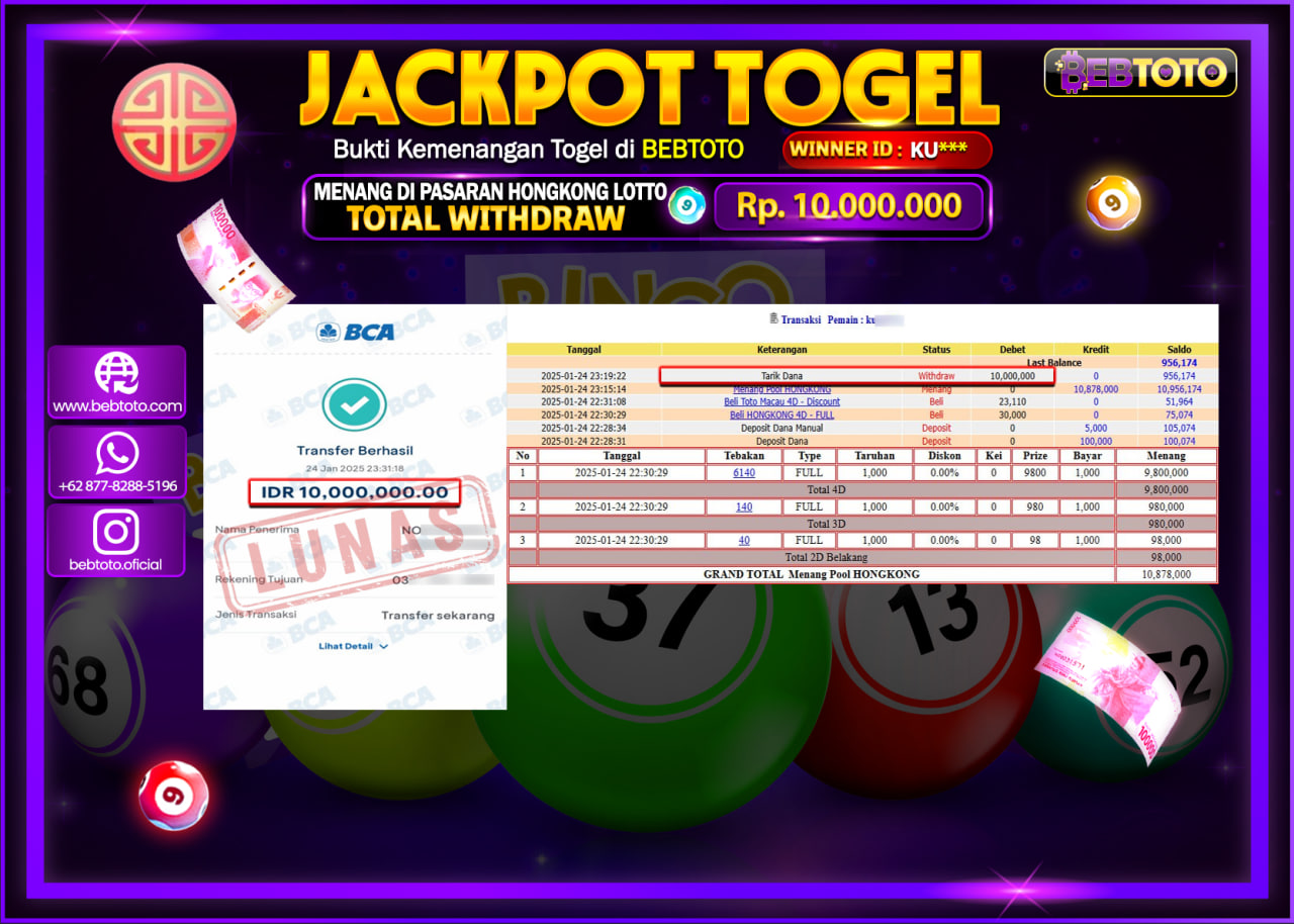 JACKPOT TOGEL BEBTOTO HONGKONG LOTTO Rp.10.000.000.,- LUNAS