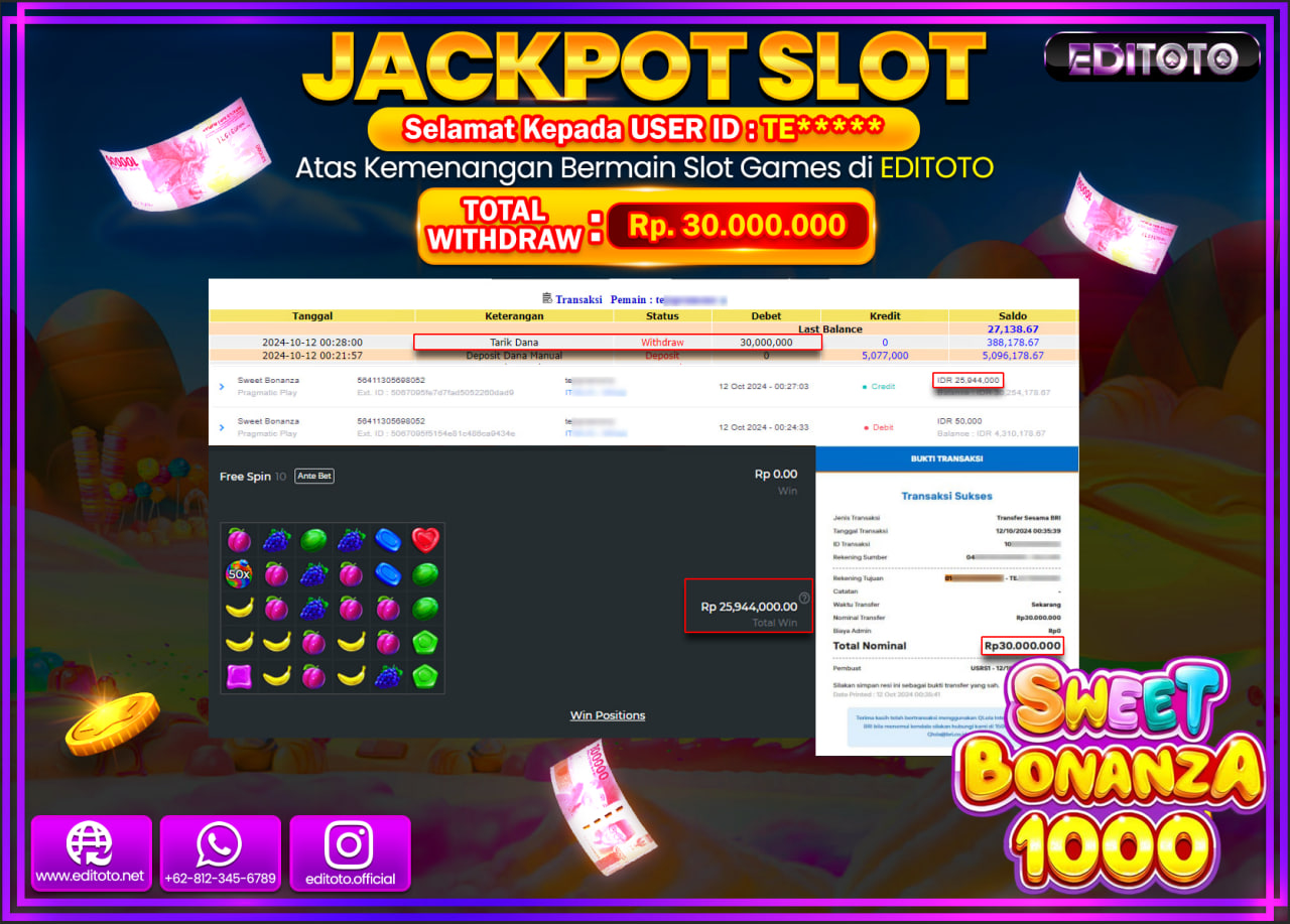 JACKPOT SLOT SWEET BONANZA Rp.30.000.000.,- LUNAS