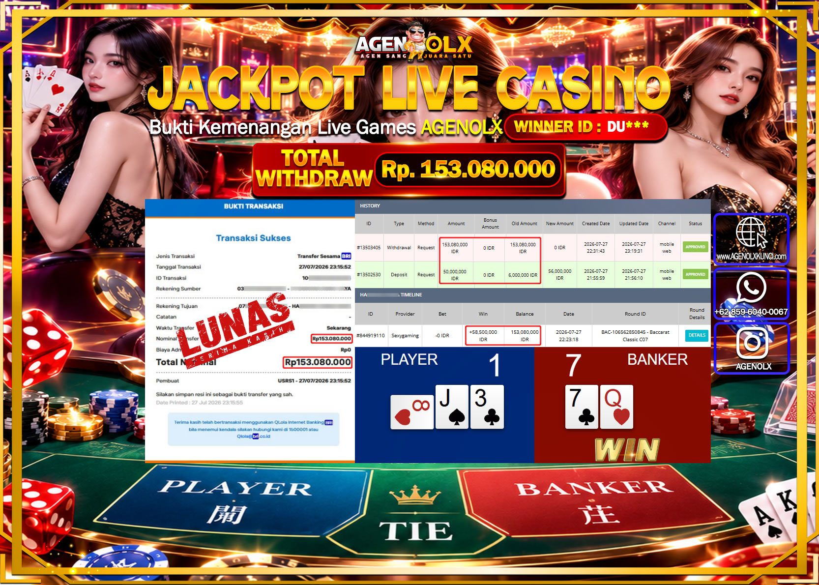 AGENOLX JACKPOT LIVE CASSINO BACCARAT CLASSIC C07 Rp  153.080.000 -LUNAS
